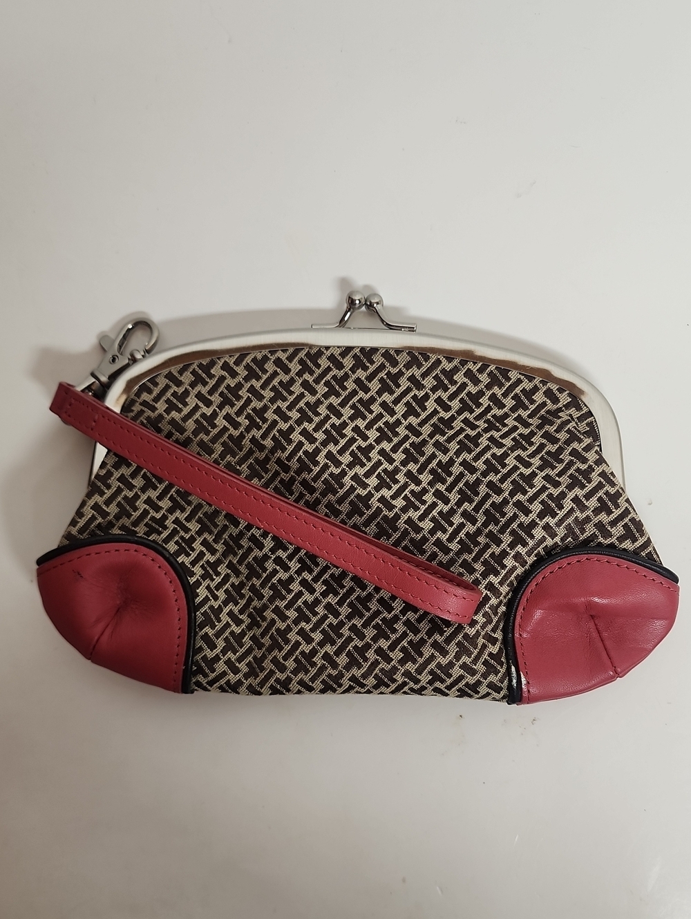 Talbots Pink Leather Accent  Brown Patterned Wristlet Bag Super Cute & Simple